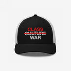 Black-and-white trucker-style cap featuring Class War Hat text; Culture crossed out in red, emphasizing class struggle. Ideal for advocates of economic justice and unity.