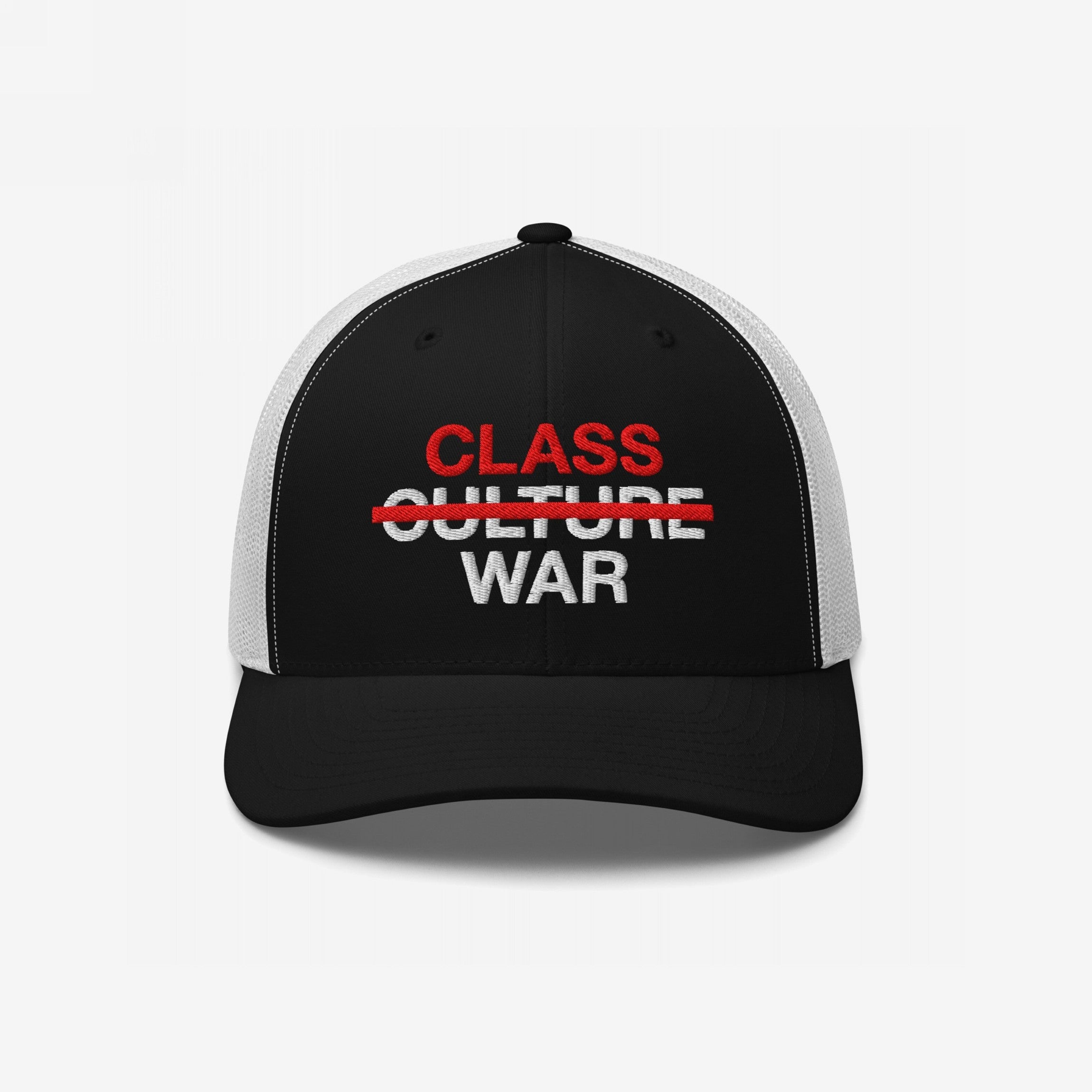 Black-and-white trucker-style cap featuring Class War Hat text; Culture crossed out in red, emphasizing class struggle. Ideal for advocates of economic justice and unity.