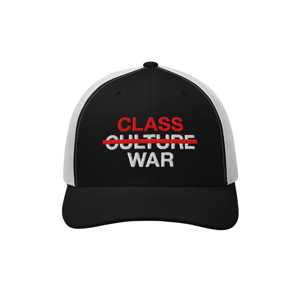 Black-and-white trucker-style cap featuring Class War Hat text; Culture crossed out in red, emphasizing class struggle. Ideal