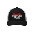 Black-and-white trucker-style cap featuring Class War Hat text; Culture crossed out in red, emphasizing class struggle. Ideal
