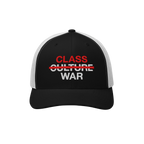 Black-and-white trucker-style cap featuring Class War Hat text; Culture crossed out in red, emphasizing class struggle. Ideal
