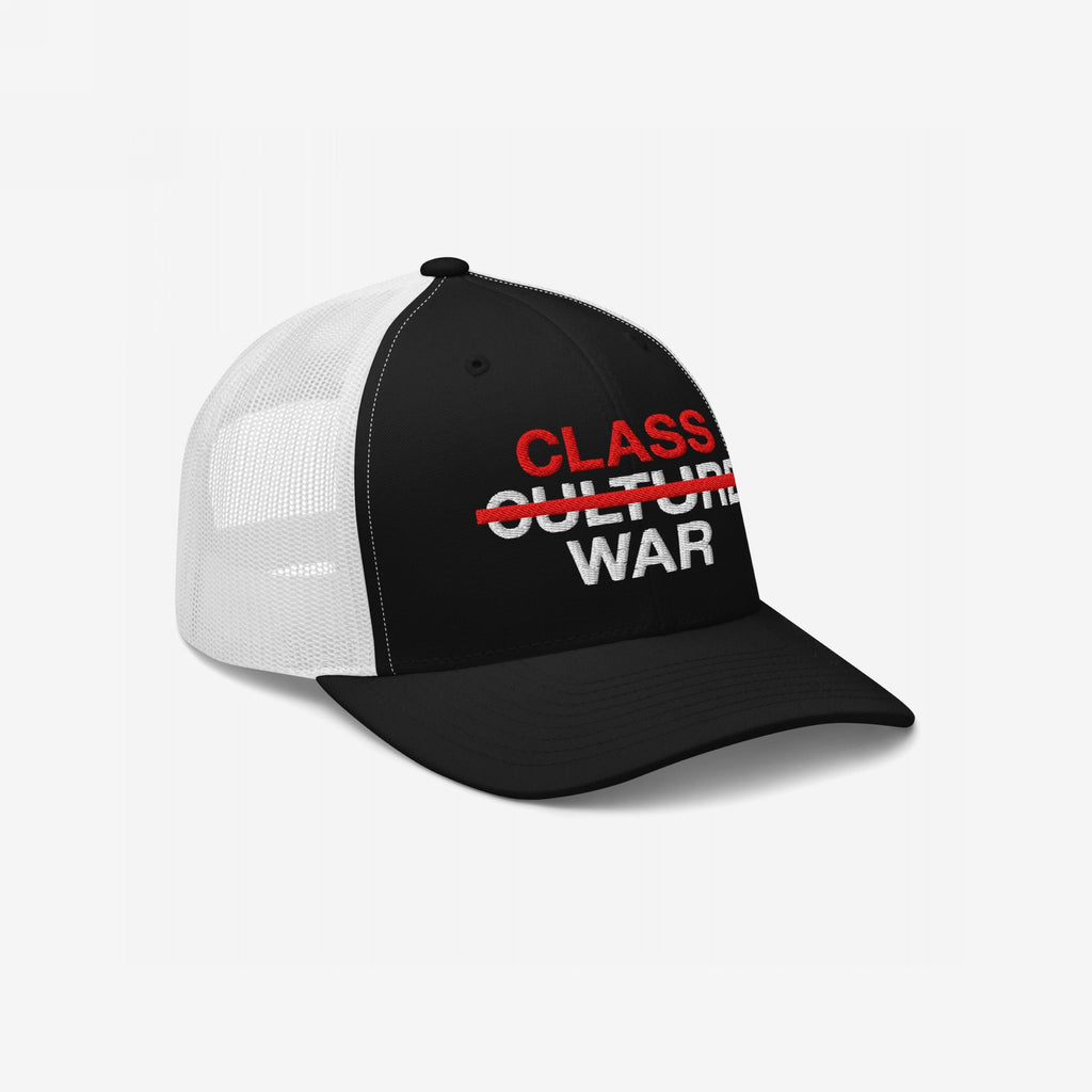 Black-and-white mesh-back trucker cap with “Class War Hat” design. Features bold red lettering, a crossed-out “Culture,” and prominent “War” text, symbolizing economic justice and unity against societal distractions.