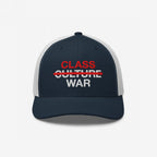Navy-blue and white trucker cap with CLASS WAR embroidered prominently; CULTURE is crossed out in red. This Class War Hat symbolizes economic justice and solidarity, aligning with advocating for equality and unity.