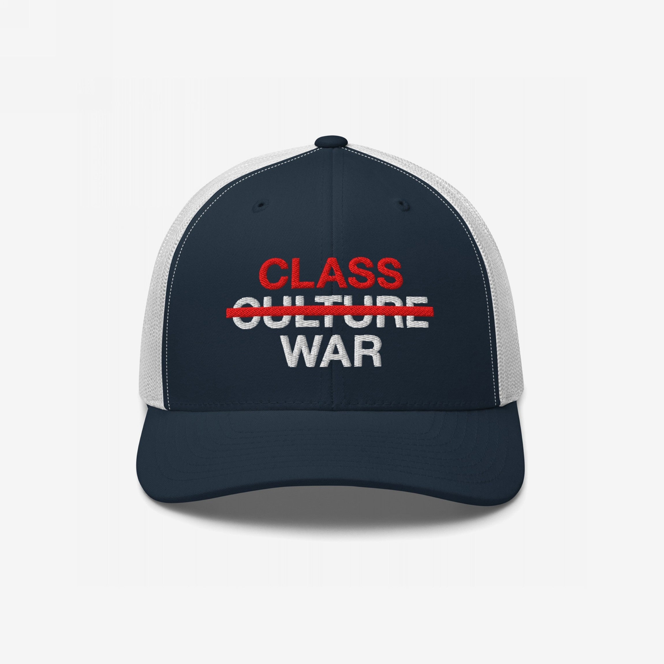 Navy-blue and white trucker cap with CLASS WAR embroidered prominently; CULTURE is crossed out in red. This Class War Hat symbolizes economic justice and solidarity, aligning with advocating for equality and unity.