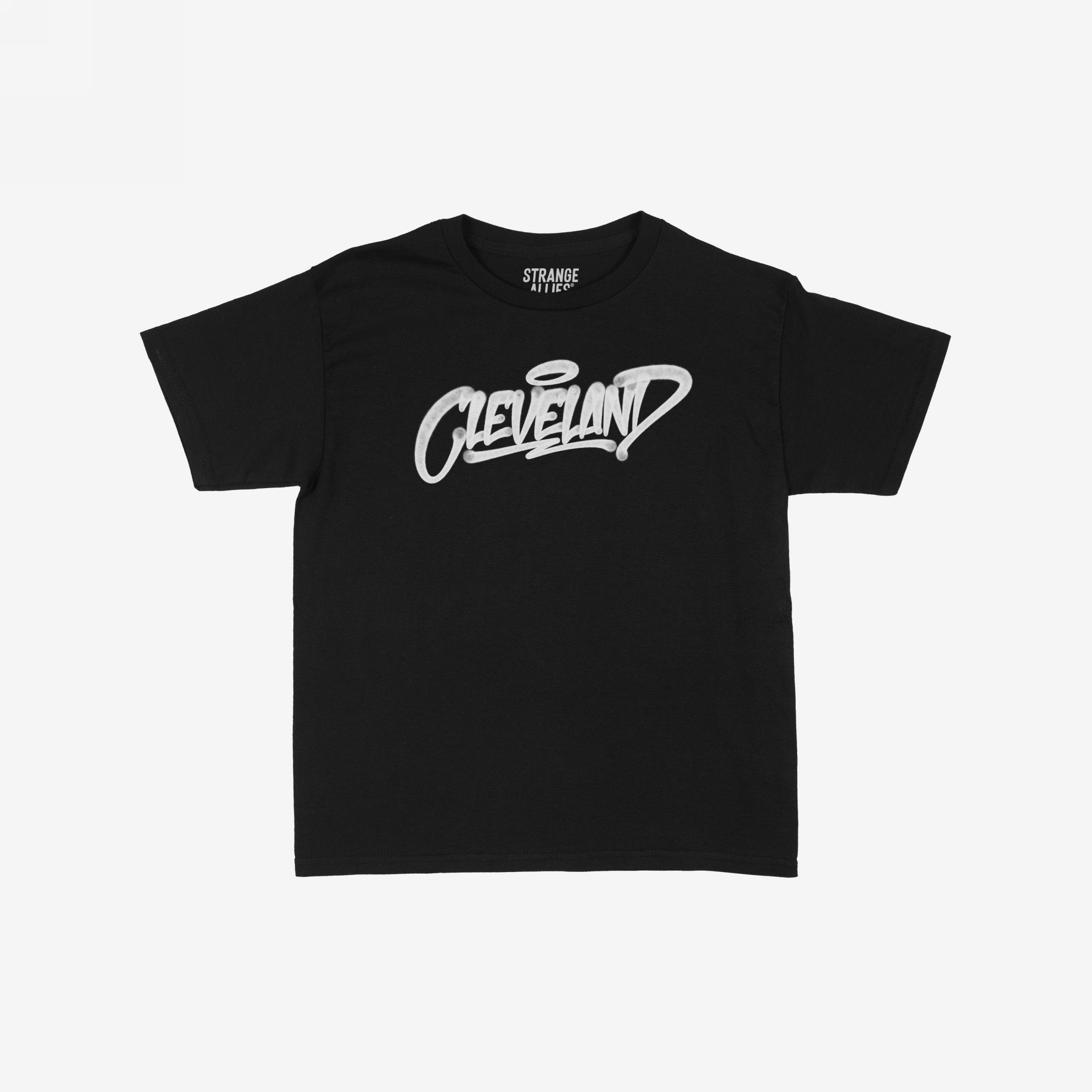 Cleveland Handstyle Women's Baby Tee featuring graffiti-style Cleveland text with a halo, laid flat. This black short-sleeve shirt embodies a retro Y2K vibe, perfect for making a statement.