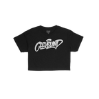 Cleveland Handstyle Women's Baby Tee featuring graffiti-style Cleveland text with a halo, laid flat. This black short-sleeve 