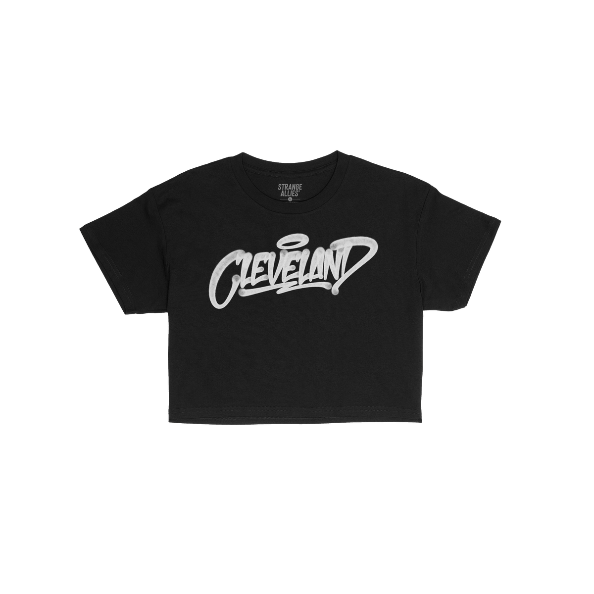 Cleveland Handstyle Women's Baby Tee featuring graffiti-style Cleveland text with a halo, laid flat. This black short-sleeve 