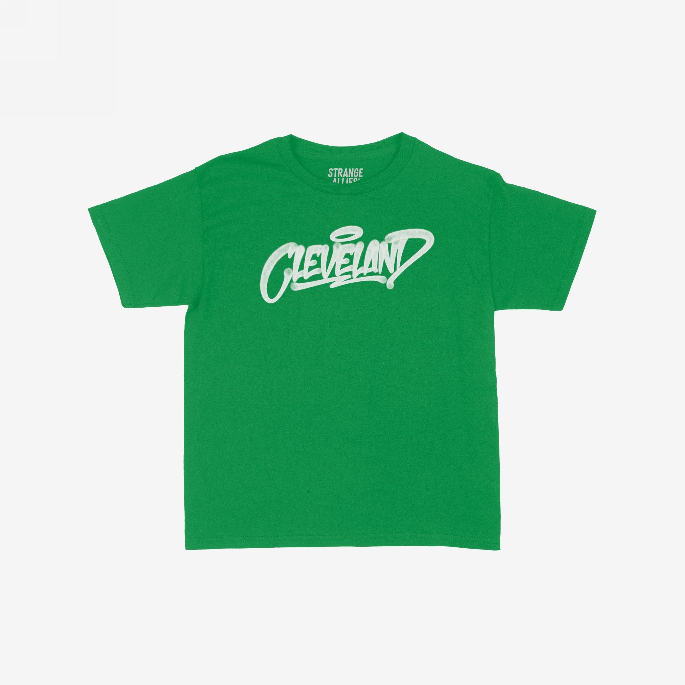 Cleveland Handstyle Women's Baby Tee features a green short-sleeve design with “Cleveland” in white graffiti script on the chest, a halo over the v, and the brand name “STRANGE ALLIES” inside the collar.