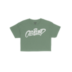 Cleveland Handstyle Women's Baby Tee features a green short-sleeve design with “Cleveland” in white graffiti script on th
