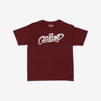 Cleveland Handstyle Women's Baby Tee in burgundy features bold white graffiti-style Cleveland text with a halo over the e, embodying a retro Y2K vibe, aligned with progressive values.