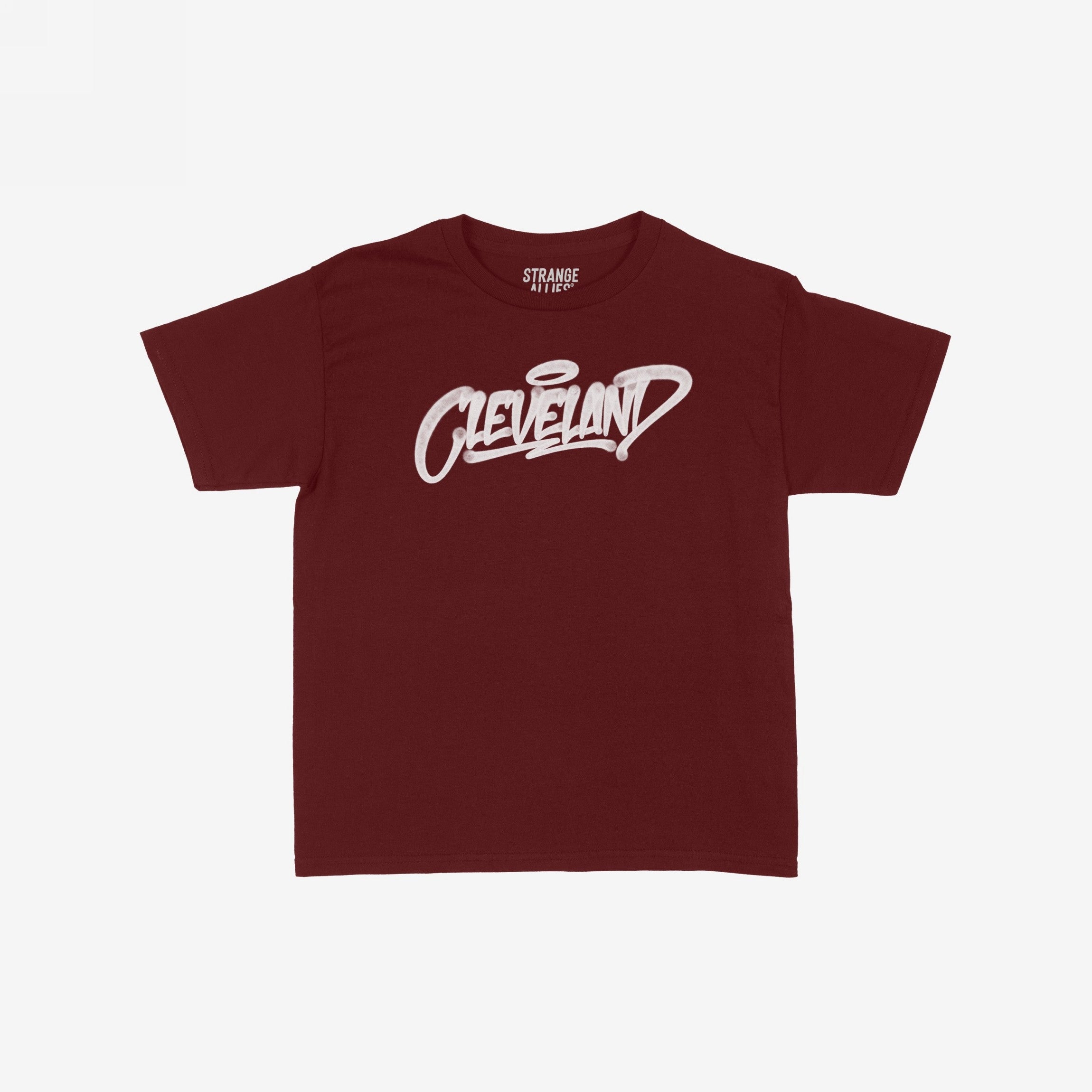 Cleveland Handstyle Women's Baby Tee in burgundy features bold white graffiti-style Cleveland text with a halo over the e, embodying a retro Y2K vibe, aligned with progressive values.