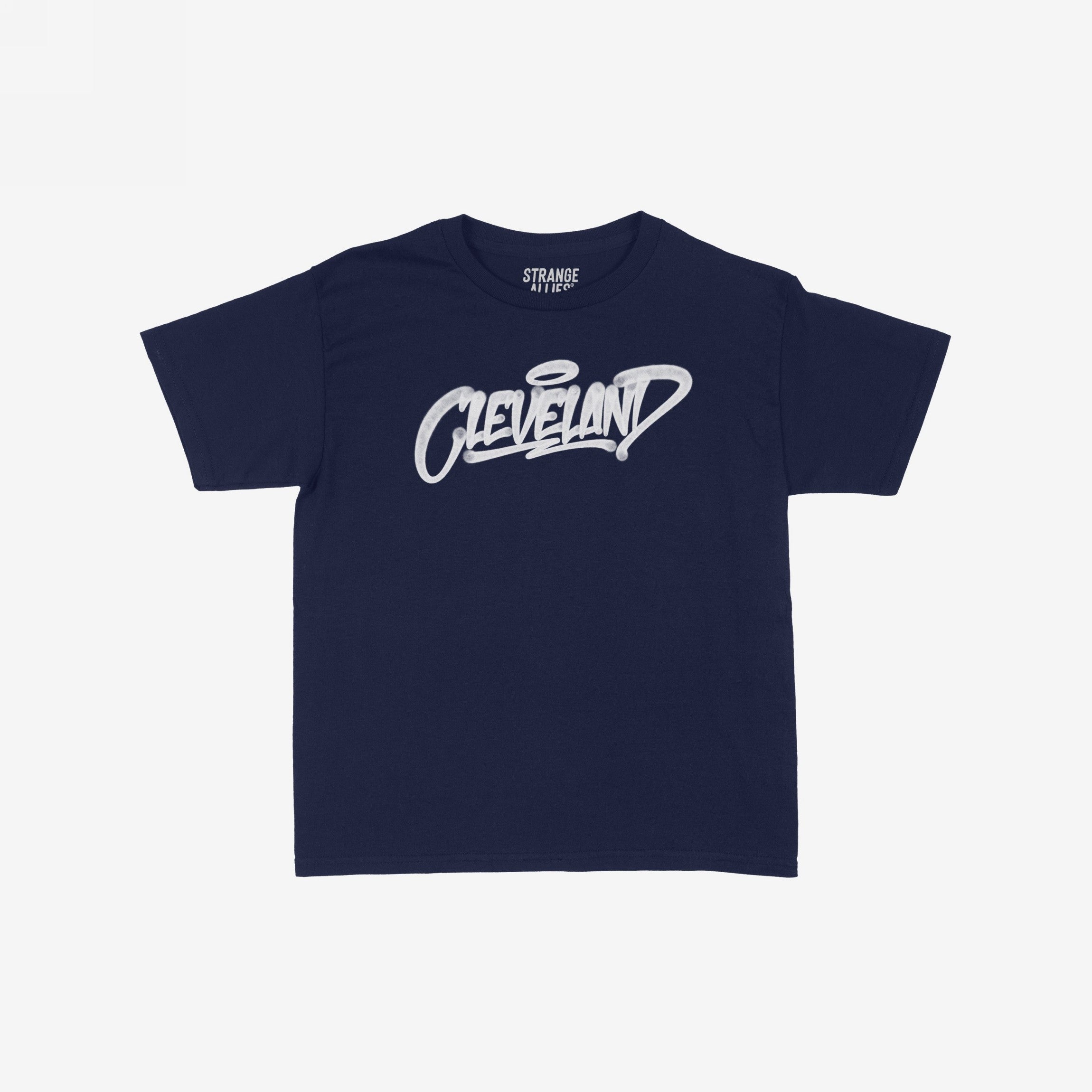 The Cleveland Handstyle Women's Baby Tee in navy blue features a white, graffiti-style Cleveland script with a halo above the l, laid flat for a retro Y2K vibe.