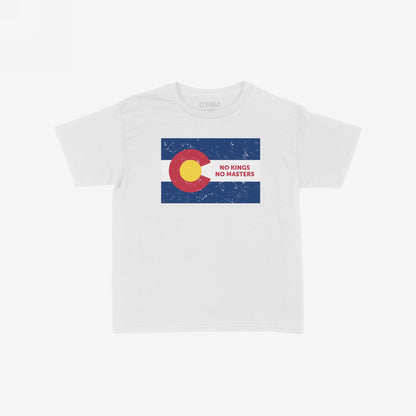 Colorado No Kings Flag Women's Baby Tee features a retro cropped design with a distressed Colorado flag graphic and the slogan NO KINGS NO MASTERS, symbolizing defiance and rebellion against authoritarianism.