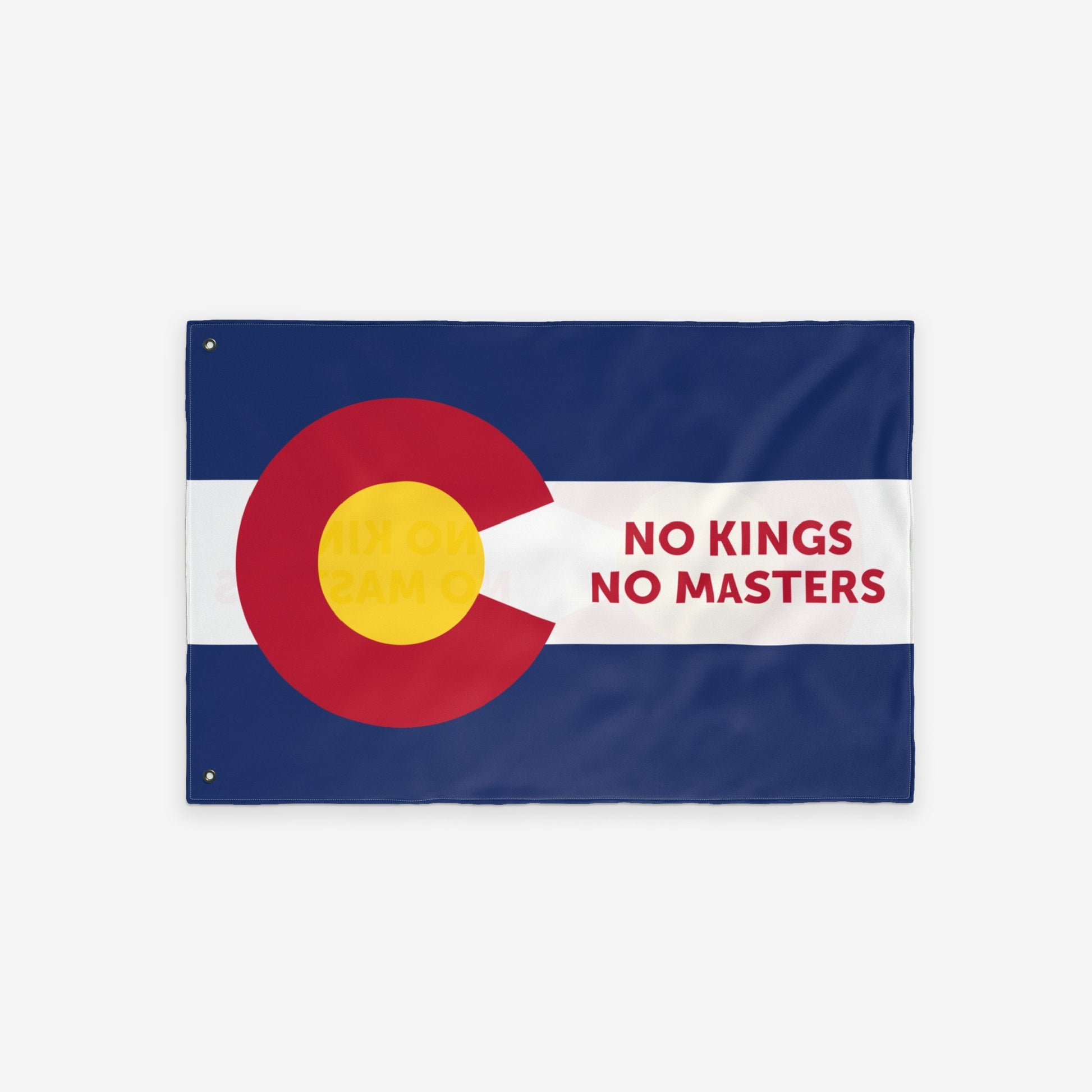 The Colorado No Kings Flag features the state's iconic design with NO KINGS NO MASTERS slogan, symbolizing defiance and local pride, perfect for rallies or home display.