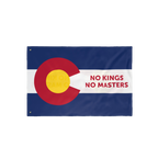 The Colorado No Kings Flag features the state's iconic design with NO KINGS NO MASTERS slogan, symbolizing defiance and local