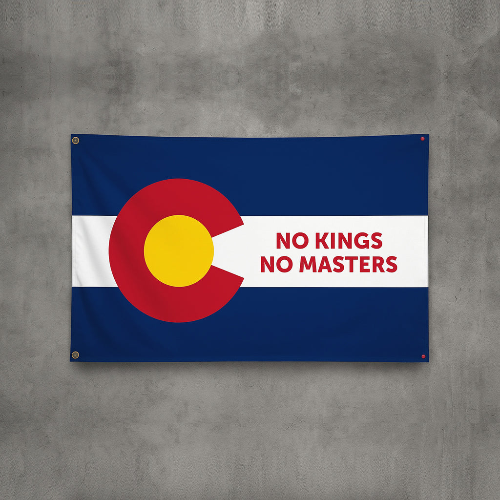 The Colorado No Kings Flag features a bold red C with NO KINGS NO MASTERS text, symbolizing resistance and independence, suitable for rallies or home display.