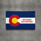 The Colorado No Kings Flag features a bold red C with NO KINGS NO MASTERS text, symbolizing resistance and independence, suitable for rallies or home display.