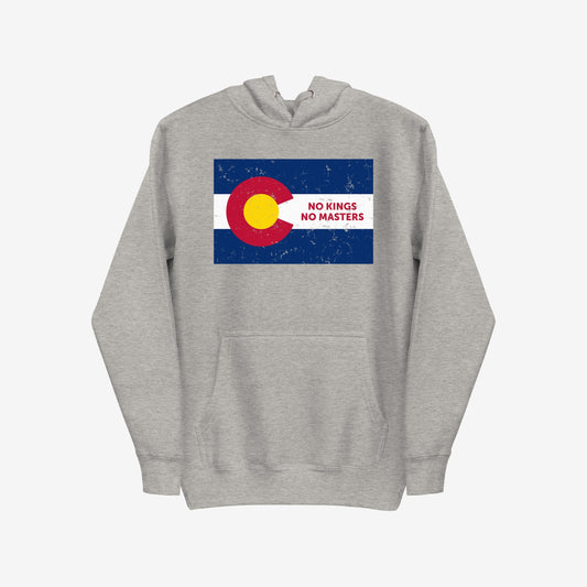 Colorado No Kings Flag Hoodie & Sweatshirt features a light-gray pullover design with a kangaroo pocket, drawstring hood, and a distressed Colorado flag graphic, promoting freedom and independence.
