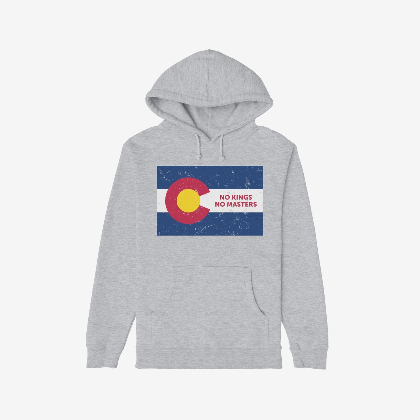Light-gray Colorado No Kings Flag Shirt featuring a distressed Colorado flag graphic with the slogan “NO KINGS NO MASTERS,” reflecting a rebellious spirit and support for autonomy and equality.