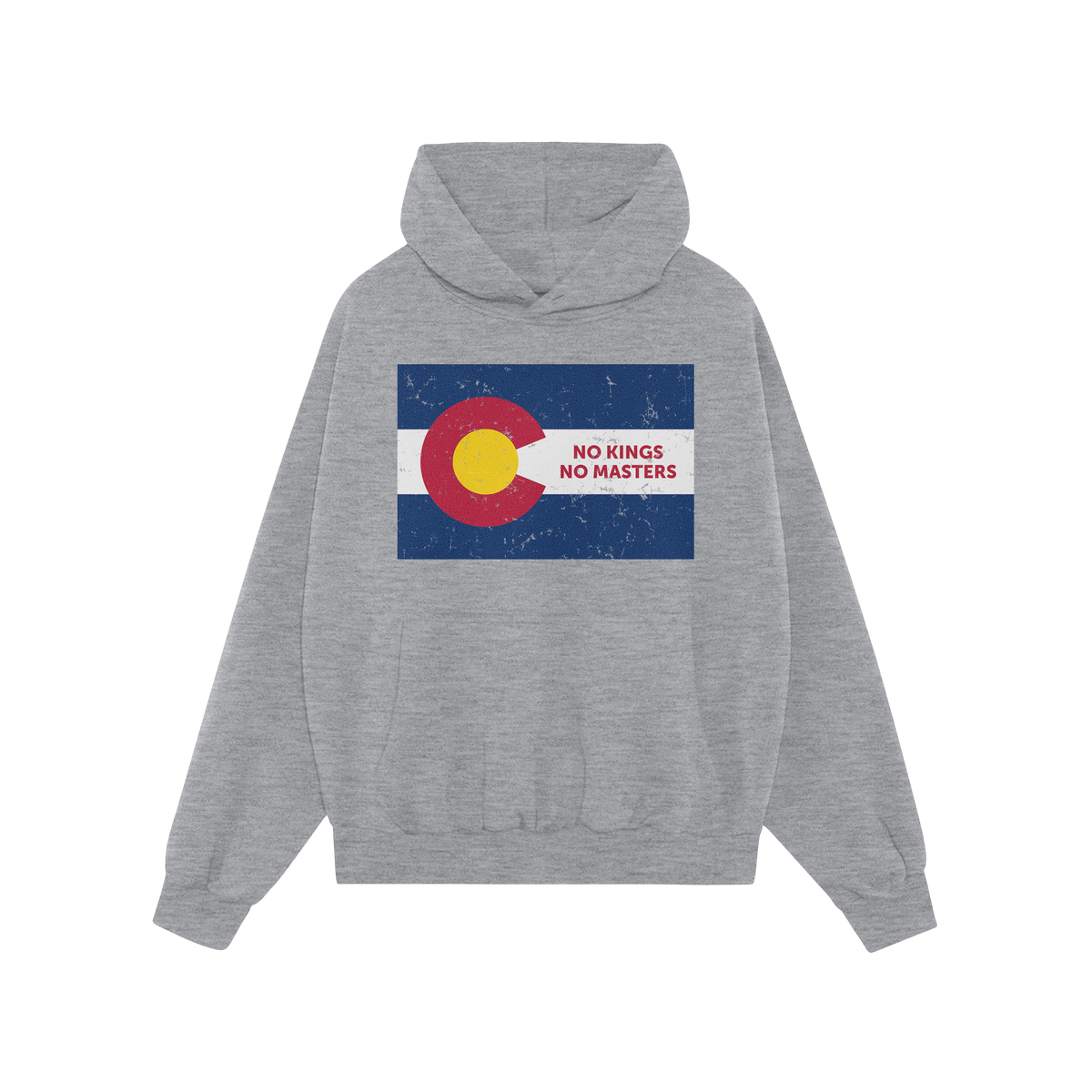 Light-gray Colorado No Kings Flag Shirt featuring a distressed Colorado flag graphic with the slogan “NO KINGS NO MASTERS,�