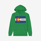 Bright green pullover hoodie featuring the Colorado No Kings Flag Shirt design, with a distressed state flag graphic and bold message, NO KINGS NO MASTERS, symbolizing autonomy and rebellion.