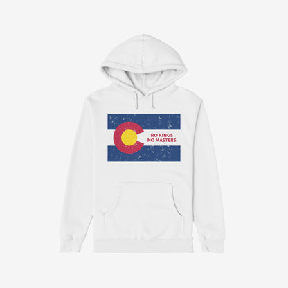 White pullover hoodie featuring the Colorado No Kings Flag Shirt design with a distressed Colorado flag graphic and slogan NO KINGS NO MASTERS, symbolizing rebellion and autonomy. Includes kangaroo pocket.