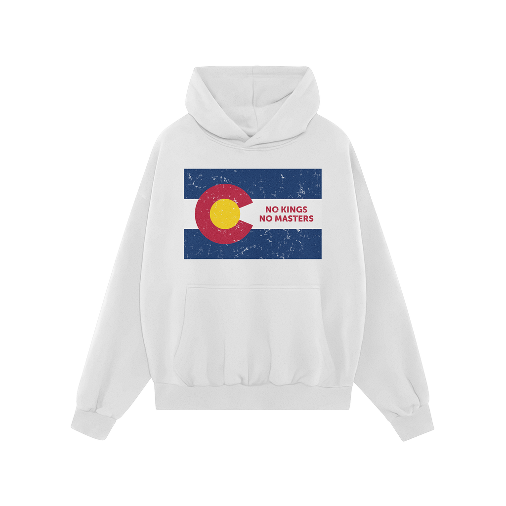 White pullover hoodie featuring the Colorado No Kings Flag Shirt design with a distressed Colorado flag graphic and slogan NO