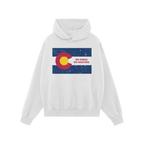 White pullover hoodie featuring the Colorado No Kings Flag Shirt design with a distressed Colorado flag graphic and slogan NO