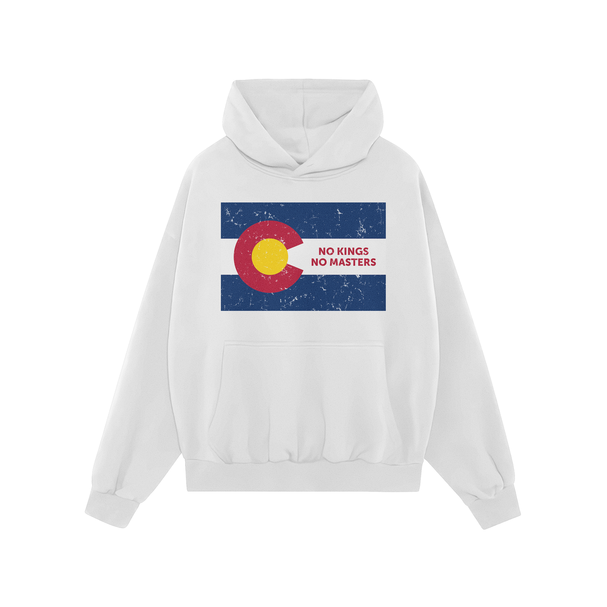 White pullover hoodie featuring the Colorado No Kings Flag Shirt design with a distressed Colorado flag graphic and slogan NO