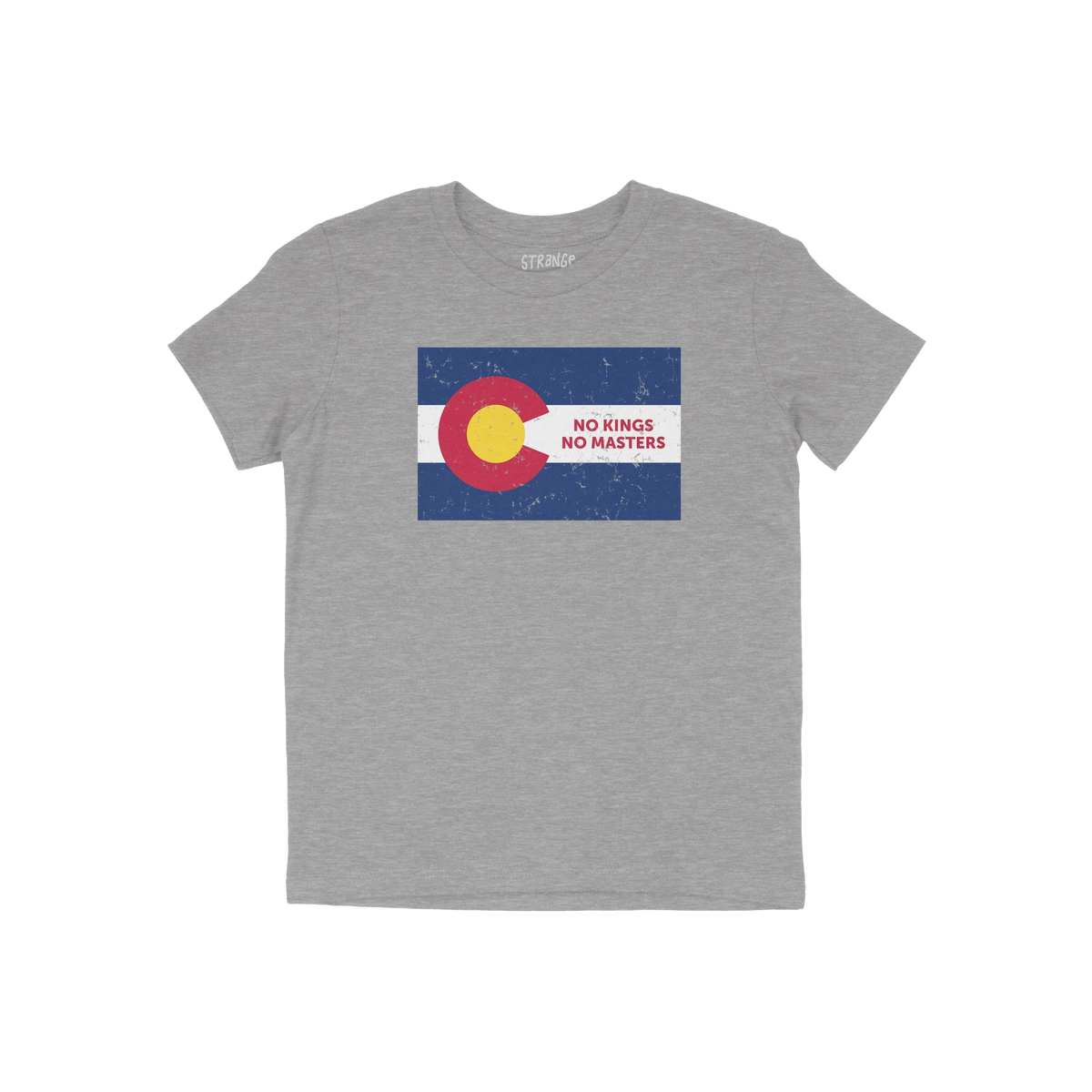 The Colorado No Kings Flag Shirt features a distressed state flag graphic with NO KINGS NO MASTERS text, embodying rebellion
