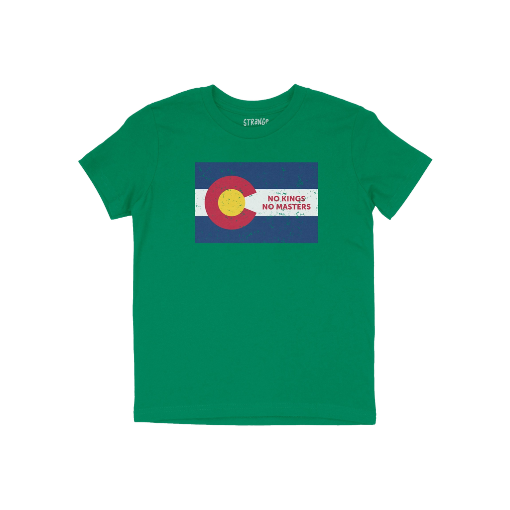 Colorado No Kings Flag Shirt features a stylized Colorado flag with the phrase NO KINGS NO MASTERS, symbolizing rebellion and