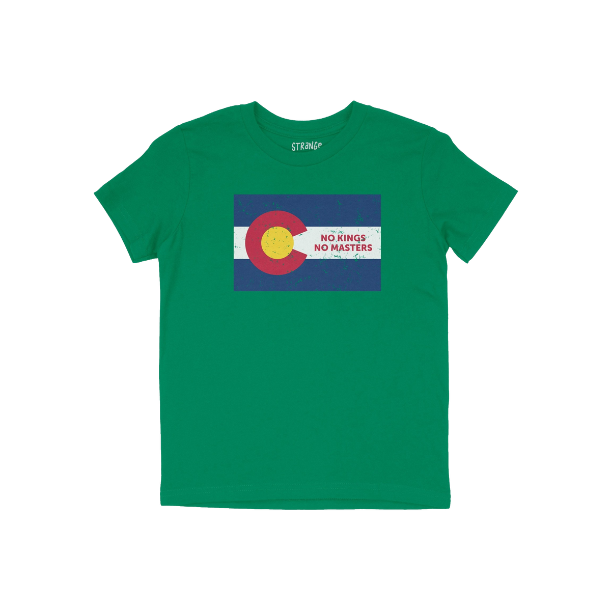Colorado No Kings Flag Shirt features a stylized Colorado flag with the phrase NO KINGS NO MASTERS, symbolizing rebellion and