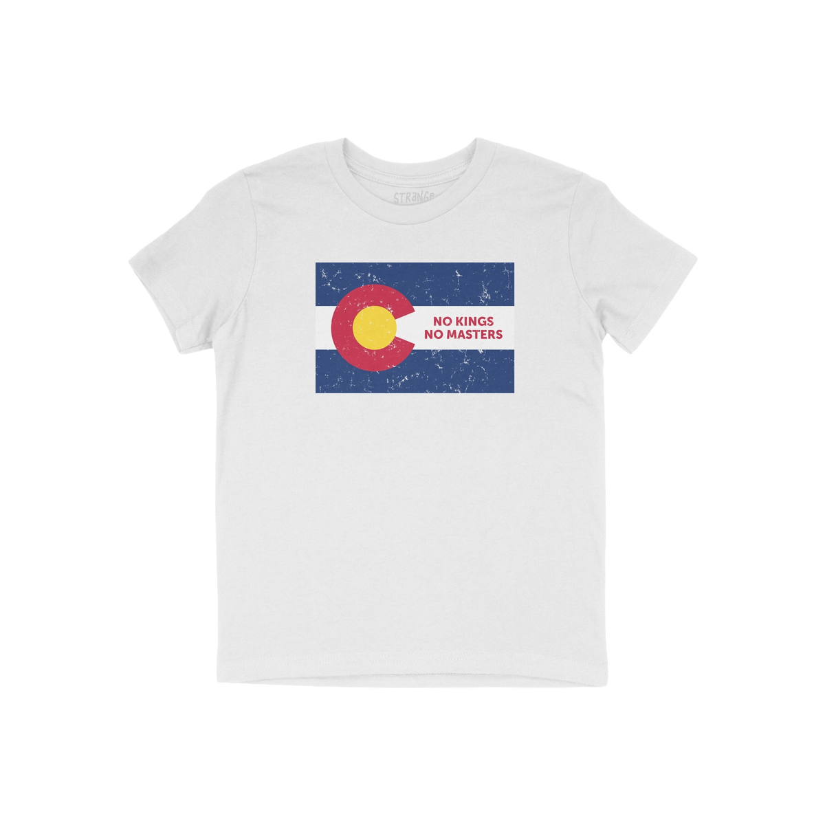 Colorado No Kings Flag Shirt featuring a distressed flag graphic with NO KINGS NO MASTERS slogan. A bold design for those adv