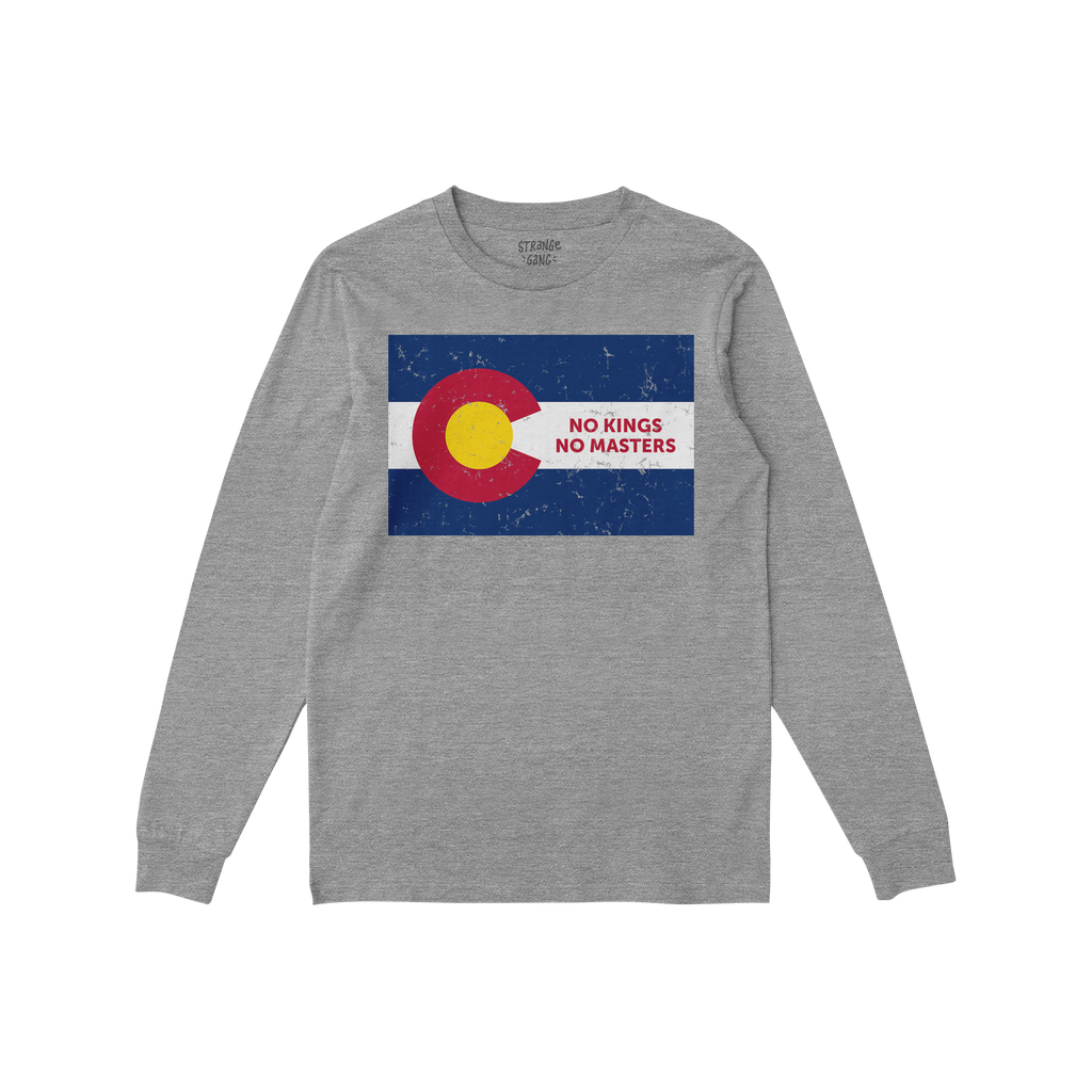 Heather-gray long-sleeve T-shirt featuring a distressed Colorado state flag graphic with NO KINGS NO MASTERS text, symbolizin
