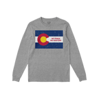 Heather-gray long-sleeve T-shirt featuring a distressed Colorado state flag graphic with NO KINGS NO MASTERS text, symbolizin
