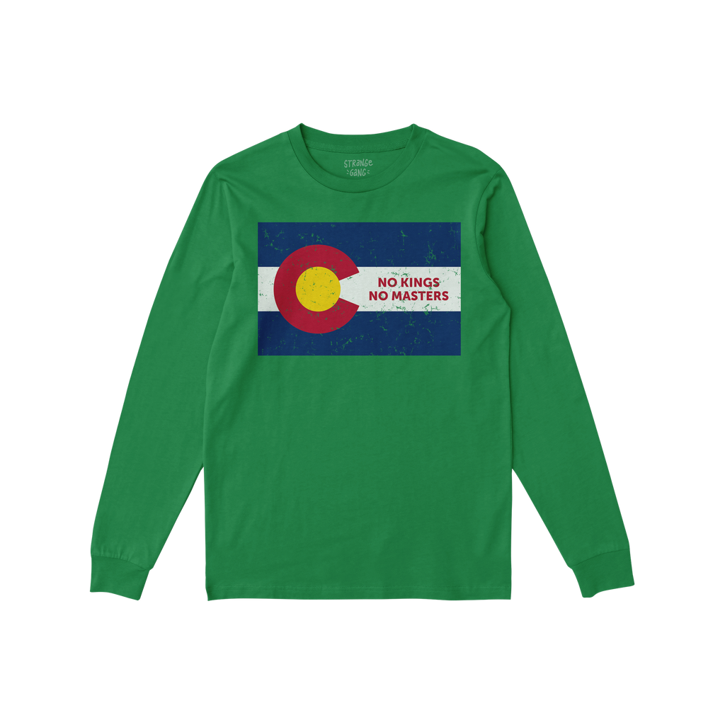 Green long-sleeve featuring the Colorado No Kings Flag Shirt design: a distressed Colorado flag graphic with NO KINGS NO MAST