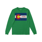 Green long-sleeve featuring the Colorado No Kings Flag Shirt design: a distressed Colorado flag graphic with NO KINGS NO MAST