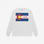 Light-colored, long-sleeve T-shirt featuring a distressed Colorado state flag print and the slogan “NO KINGS NO MASTERS,” embodying rebellion and autonomy. Part of the Colorado No Kings Flag Shirt collection.