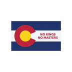 Colorado Flag No Kings Sticker & Magnet showcases a stylized state flag with 'NO KINGS NO MASTERS' slogan, available as a vin