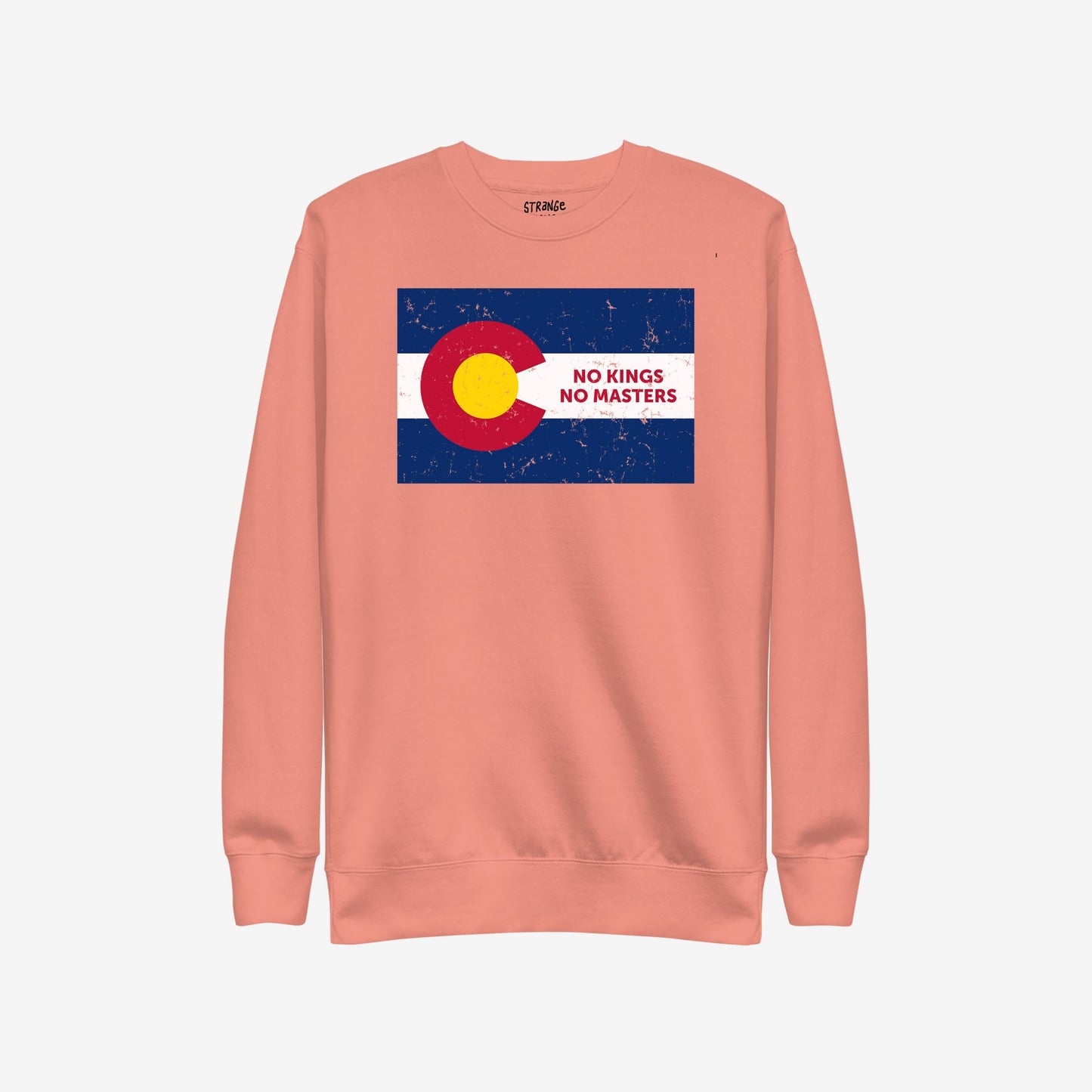 Colorado No Kings Flag Hoodie & Sweatshirt featuring a distressed Colorado flag graphic with a red C and yellow circle, emblazoned with NO KINGS NO MASTERS in red on the white stripe.