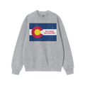 Heather-gray crewneck sweatshirt featuring the Colorado No Kings Flag Shirt design: a distressed Colorado state flag with NO 