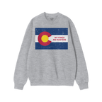 Heather-gray crewneck sweatshirt featuring the Colorado No Kings Flag Shirt design: a distressed Colorado state flag with NO 