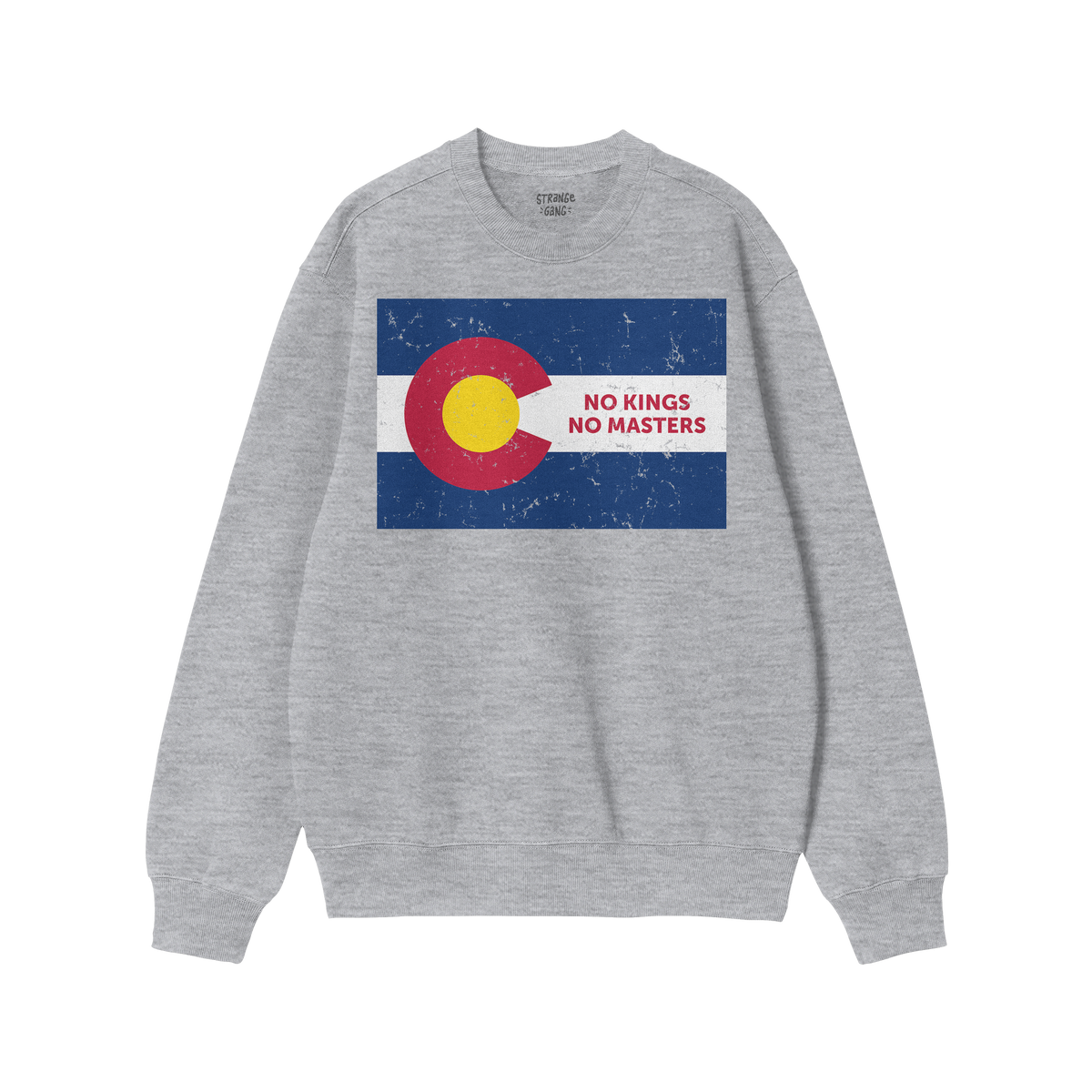 Heather-gray crewneck sweatshirt featuring the Colorado No Kings Flag Shirt design: a distressed Colorado state flag with NO 