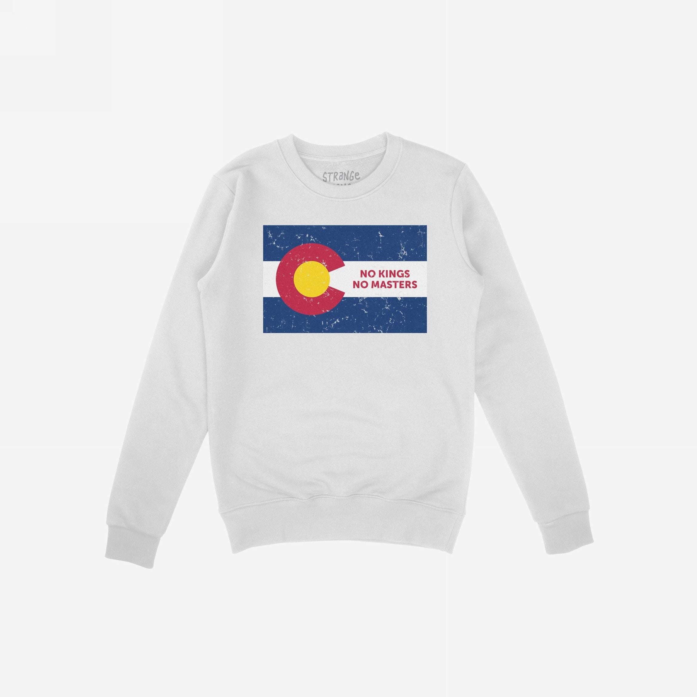 Colorado No Kings Flag Shirt featuring a distressed Colorado flag with NO KINGS NO MASTERS text, symbolizing rebellion and autonomy. Supports Colorado Immigrant Rights Coalition. Perfect for those championing equality and freedom.