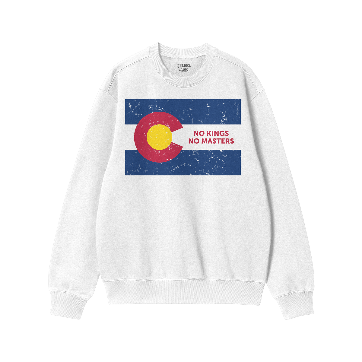Colorado No Kings Flag Shirt featuring a distressed Colorado flag with NO KINGS NO MASTERS text, symbolizing rebellion and au