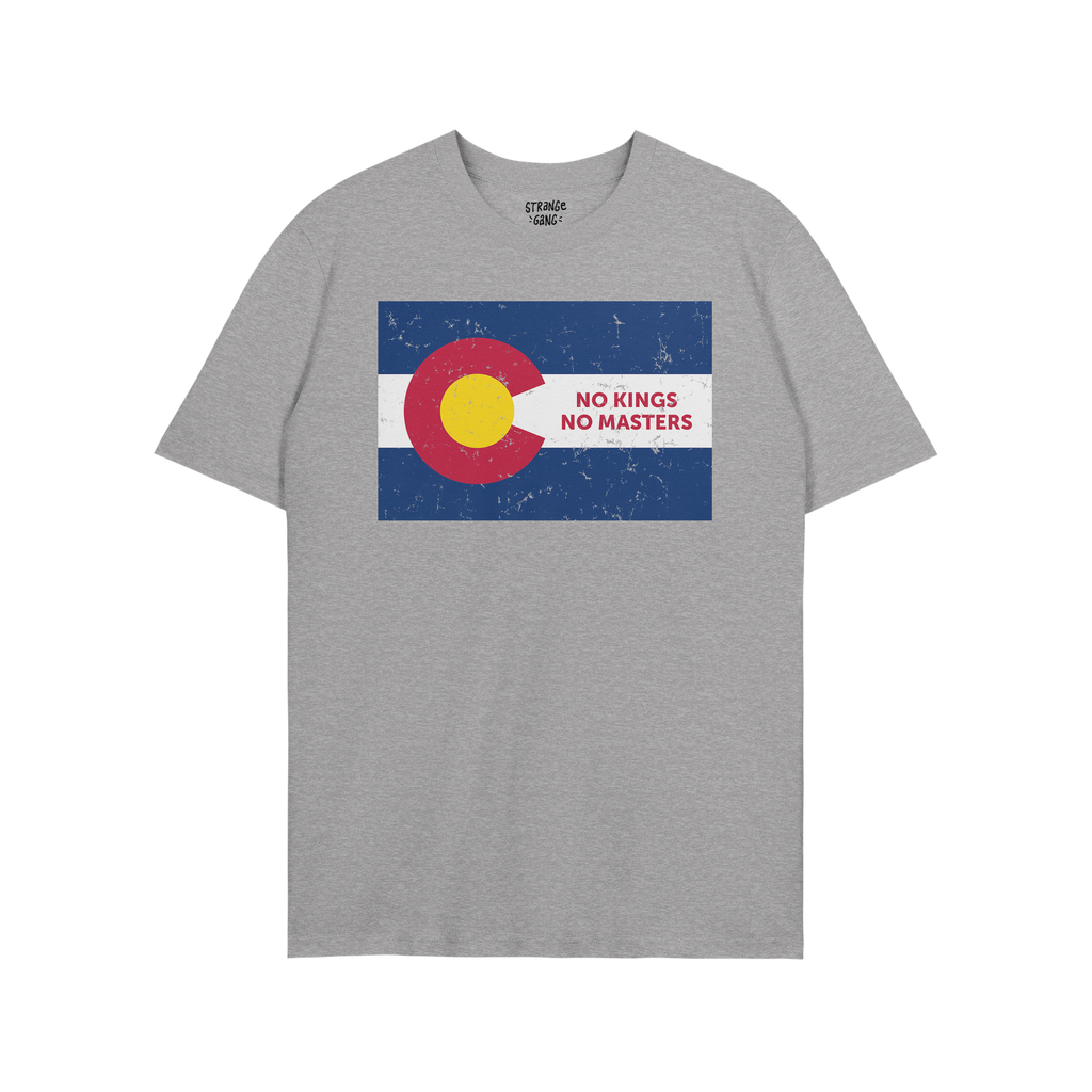 Heather-gray Colorado No Kings Flag Shirt with a distressed C flag graphic and red NO KINGS NO MASTERS text, symbolizing auto