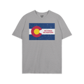 Heather-gray Colorado No Kings Flag Shirt with a distressed C flag graphic and red NO KINGS NO MASTERS text, symbolizing auto