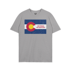 Heather-gray Colorado No Kings Flag Shirt with a distressed C flag graphic and red NO KINGS NO MASTERS text, symbolizing auto