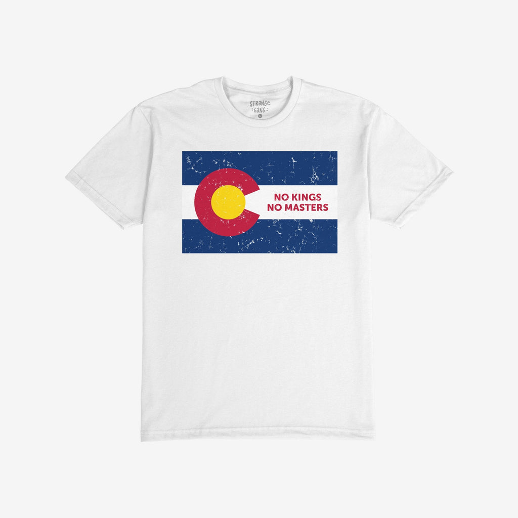 Colorado No Kings Flag Shirt features a distressed-style graphic of the Colorado flag with NO KINGS NO MASTERS inside, symbolizing rebellion and autonomy. The shirt supports Colorado Immigrant Rights Coalition.