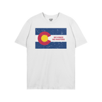 Colorado No Kings Flag Shirt features a distressed-style graphic of the Colorado flag with NO KINGS NO MASTERS inside, symbol